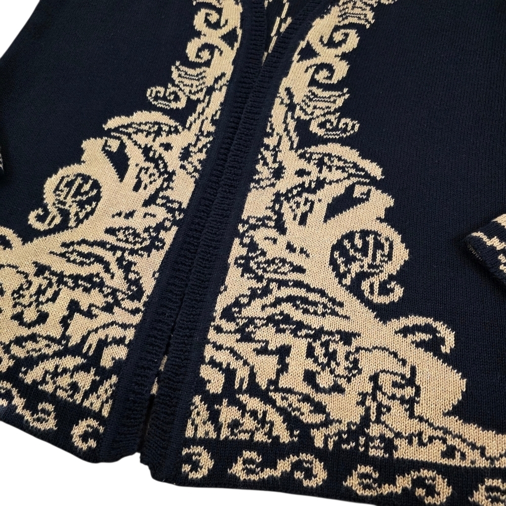 Baroque Jacquard Open Front Knit Cardigan Sweater Black Gold Metallic Women M - Picture 2 of 7